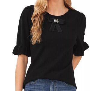 Elegant preppy CeCe Bow Front Ruffle Sleeve Cotton Sweater size S NWOT